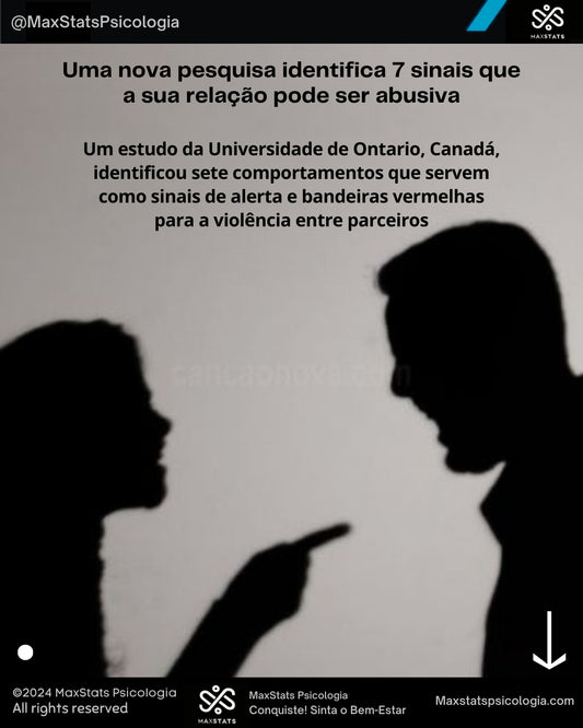 Imagem com silhueta de um casal discutindo, com um parceiro apontando o dedo para o outro. O texto destaca 7 sinais de alerta para identificar relacionamentos abusivos, com base em um estudo da Universidade de Ontario, Canadá.