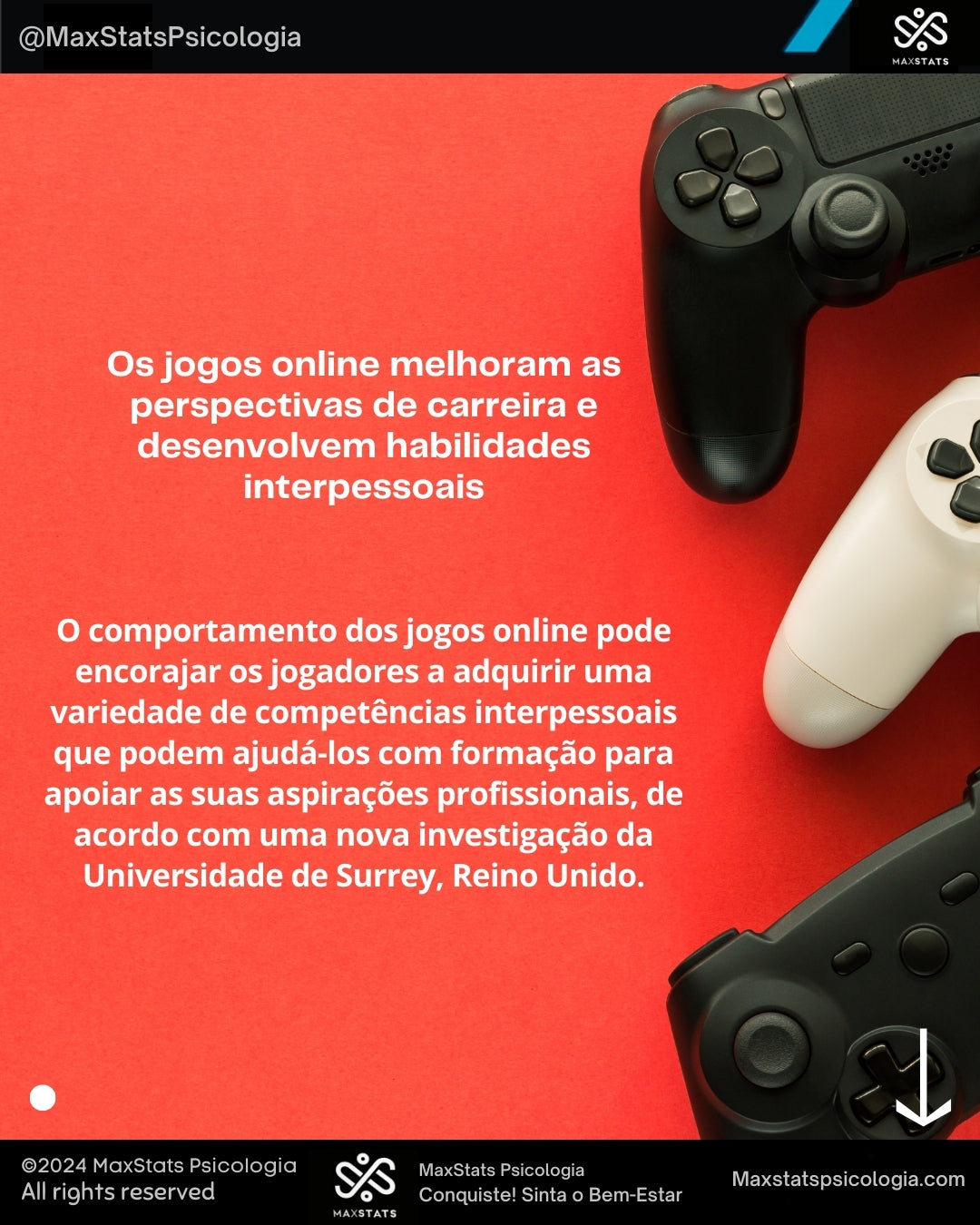 Imagem de dois controles de videogame sobre fundo vermelho. O texto destaca como jogos online podem melhorar habilidades interpessoais e profissionais, conforme estudo da Universidade de Surrey.